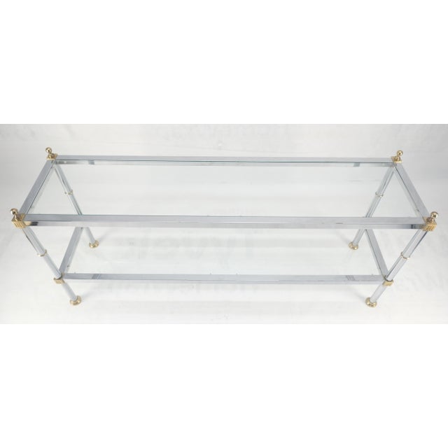 Late 20th Century Two Tier Italian Glass Shelve Chrome 7 Brass 60" Console Sofa Table Finials MINT For Sale - Image 5 of 12
