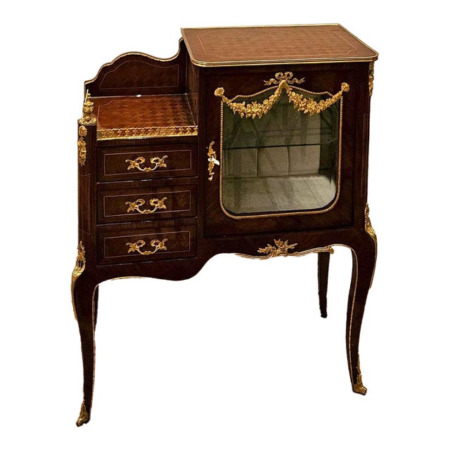 Louis XV Style Marquetry Bedside Cabinet With 3 Drawers and Glass Door For Sale