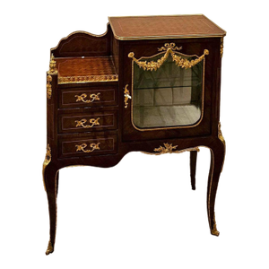Louis XV Style Marquetry Bedside Cabinet With 3 Drawers and Glass Door