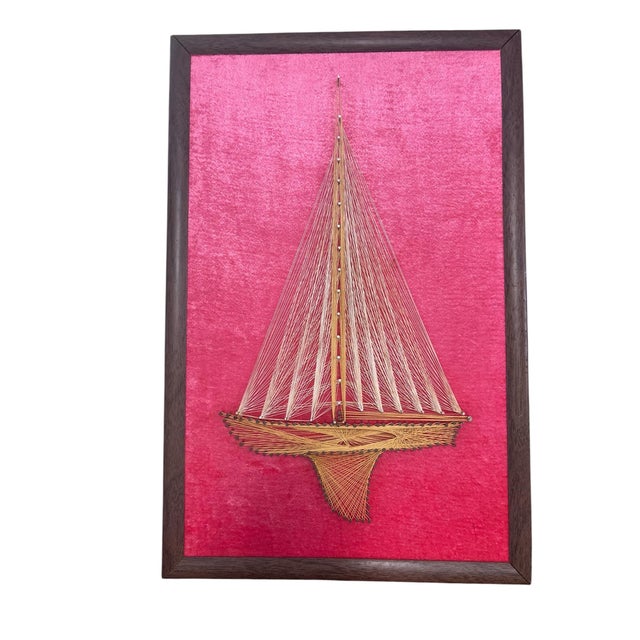 A wonderfully executed vintage string art sailboat showcasing the craftsmanship that made fiber art a hallmark of Mid-...
