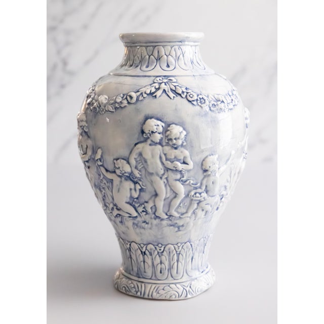 Vintage Neoclassical Style Italian Blue Majolica Cherubs Vase For Sale - Image 10 of 10