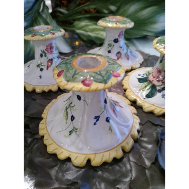 Ceramic Vintage Italian Hand Painted Floral Short Candle Stick Holders Set of 4 For Sale - Image 7 of 8