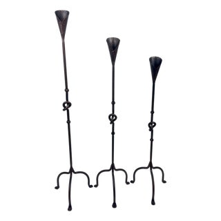Hand Forged Iron Candelabra Set of 3 (90-110cm) Antique Copper Finish Knotted Stem with Conic Cup For Sale