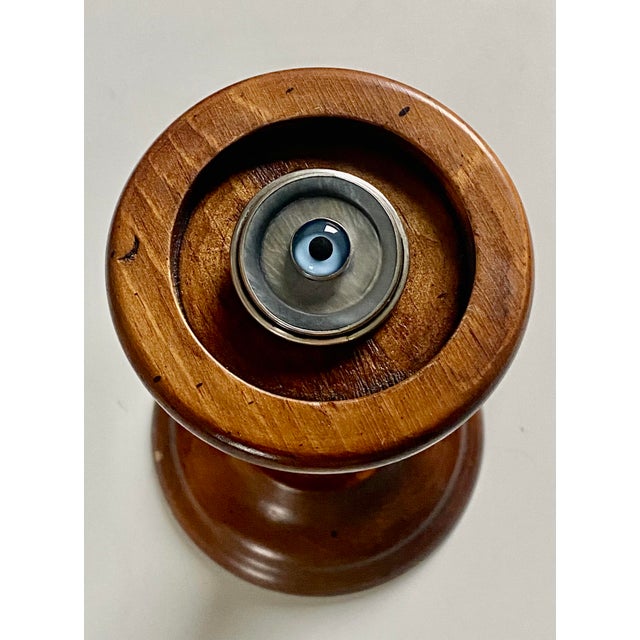 1980s Sterling Silver Evil Eye Brooch Pin Amulet Wood Display Pedestal (Cabinet of Curiosities) For Sale - Image 5 of 11