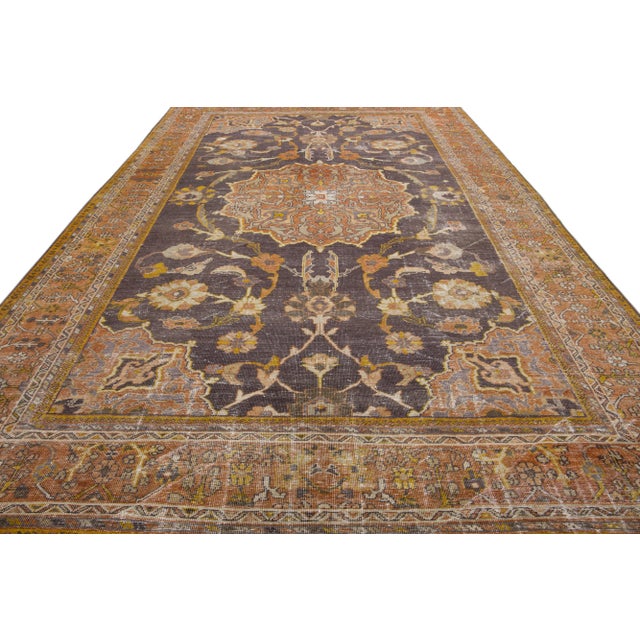 Persian 1900s Antique Persian Mahal Handmade Grey & Orange Wool Rug With Medallion Design For Sale - Image 3 of 8