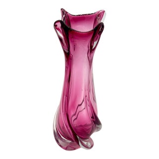 Vintage Chalet Attributed Cranberry & Clear Art Glass Sculptural Vase, 15" For Sale