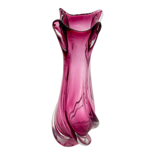 Vintage Chalet Attributed Cranberry & Clear Art Glass Sculptural Vase, 15" For Sale