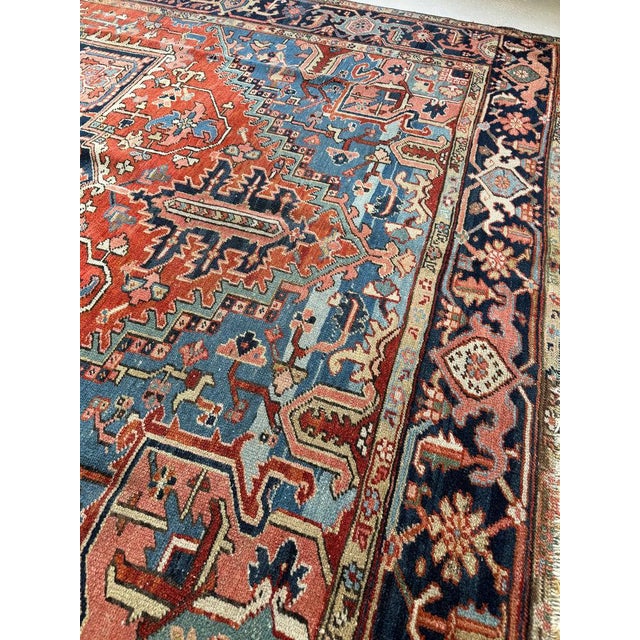 1930s WALNUT MEDALLION Antique Heriz River Blues Rug 9 x 12 For Sale - Image 5 of 15