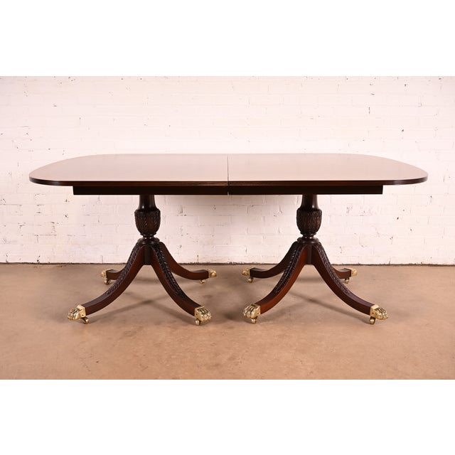 Baker Furniture Style Georgian Mahogany Double Pedestal Extension Dining Table, Newly Refinished For Sale In South Bend - Image 6 of 14