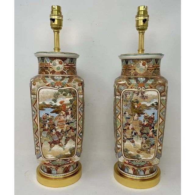 Stunning Pair of large early Meiji period Satsuma heavy gauge earthenware four-sided Japanese Vases, now converted to a...