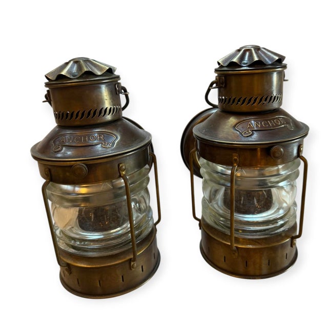 Mid 20th Century Nautical Mid Century Lantern Wall Sconces With “Anchor” Design - a Pair For Sale - Image 9 of 10
