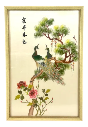 Mid-Century Chinese Embroidered Silk Artwork with Peacock, 1950s
