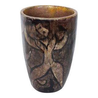 1950s Cereste Figurative Glazed Earthen Tone Oblong Art Pottery Vase For Sale