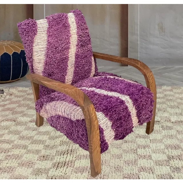 Wood Handcrafted Moroccan Armchair - Purple Wool Rug Upholstery. For Sale - Image 7 of 11
