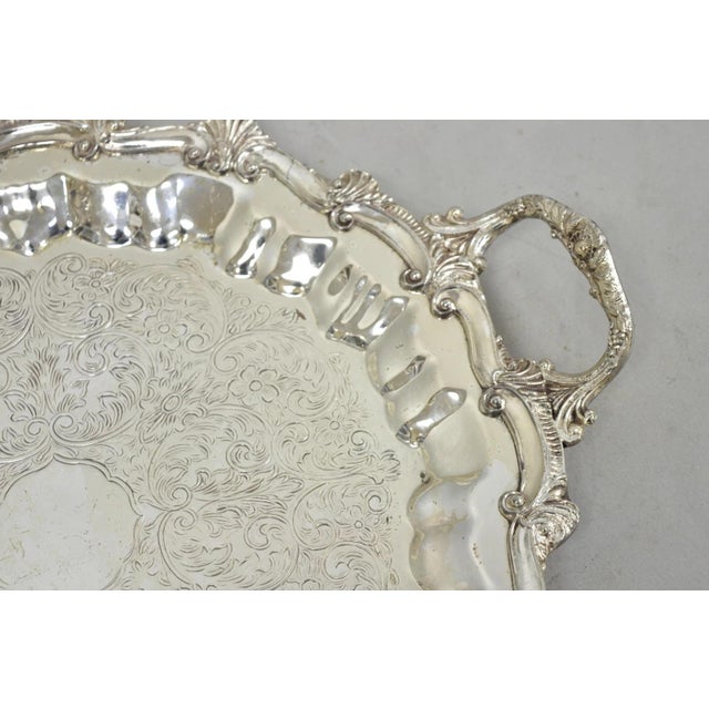 Vintage Victorian Silver Plated Round Scalloped Twin Handle Bar Serving Tray For Sale In Philadelphia - Image 6 of 17