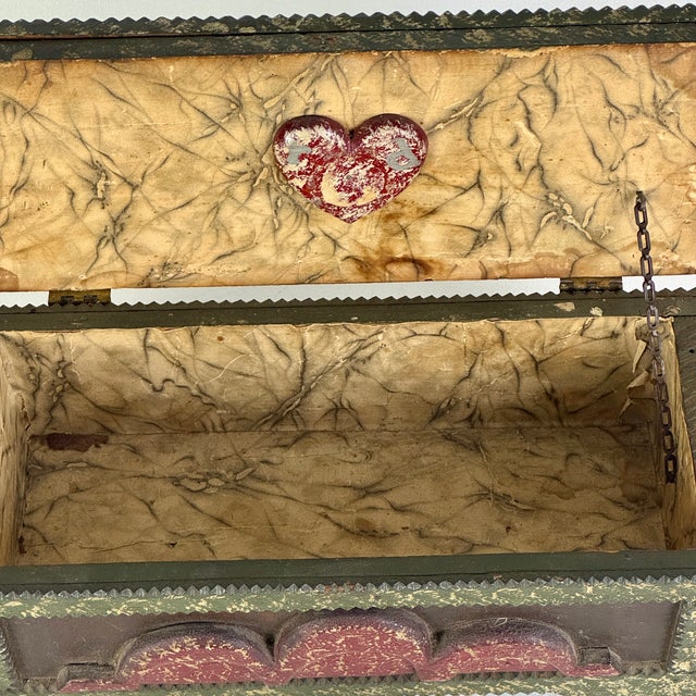 Vintage Painted Tramp / Folk Art Sewing Box With Large Pincushion Top & Red Heart Carving For Sale - Image 11 of 18