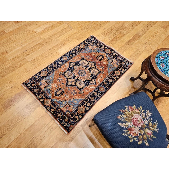 Antique Persian Heriz Serapi Rug, Hand-Knotted Wool, Geometric Pattern, Brick-Red & Blue, 3x3 For Sale - Image 13 of 13