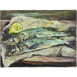 Pino Romanò, Still Life with Fishes and Lemon, Oil Painting, 1990s For Sale