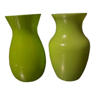 Vintage Chartreuse Blown Glass Vase Set For Sale