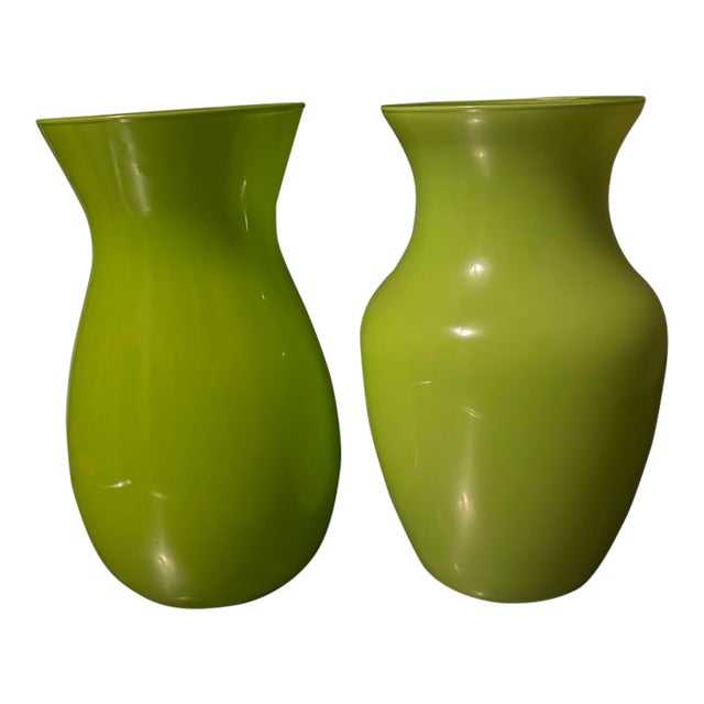 Vintage Chartreuse Blown Glass Vase Set For Sale