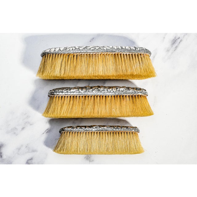 Beautiful Gorham Antique Victorian Floral Repoussé Sterling Silver Vanity Dresser Brushes For Sale - Image 13 of 16