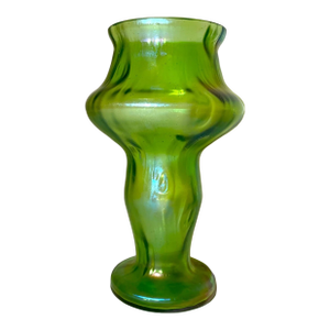 Antique Hand Blown Bohemian Loetz Aurene Iridescent Green Dimple Glass Vase