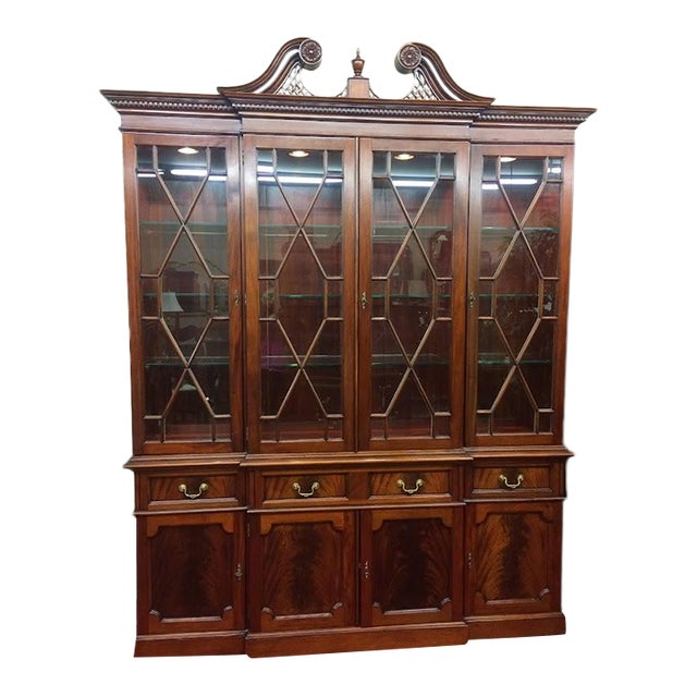 Vintage Federal China Cabinet, Lighted Breakfront Mahogany For Sale