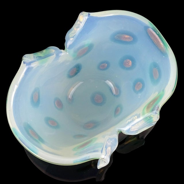 Vintage Fratelli Toso Murano Opalescent White Green Aventurine Spots Italian Art Glass Cut Rim Bowl For Sale - Image 9 of 12