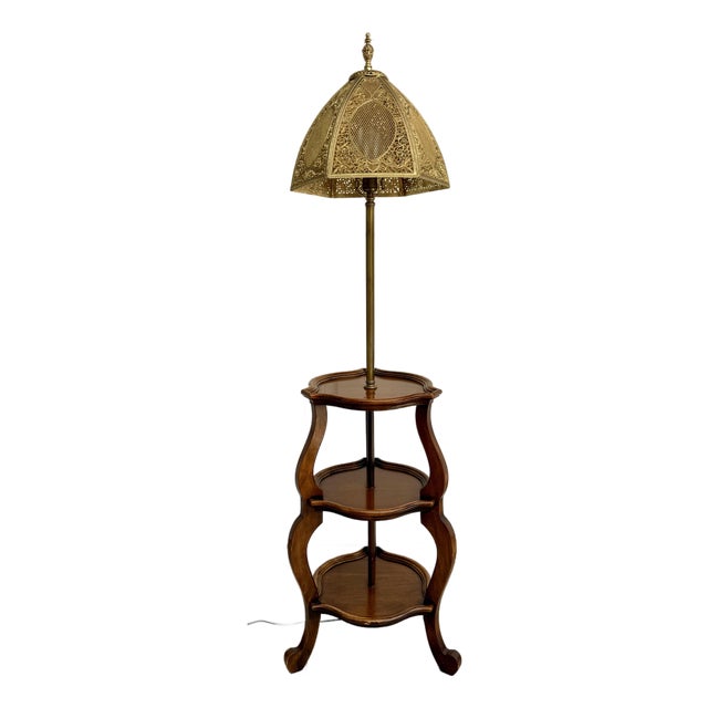 Mid 20th Century Tiered Wood Floor Lamp With Ornate Gold Filigree Shade For Sale