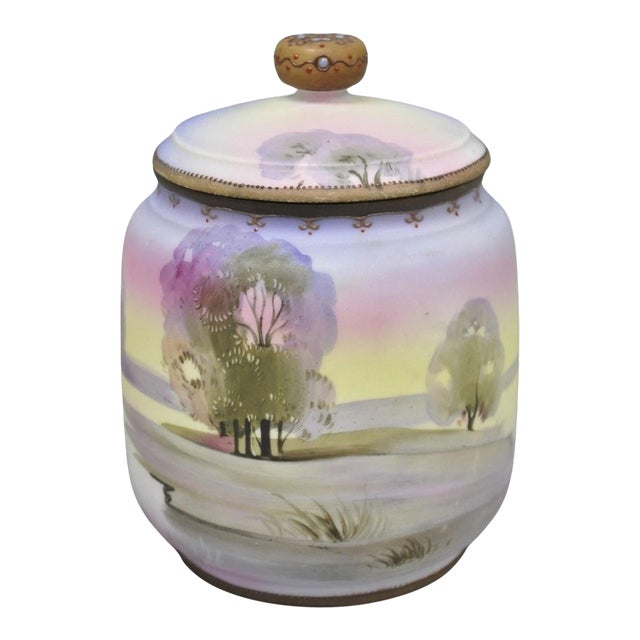 Antique Nippon Hand Painted Porcelain Countryside Lake Scene Covered Biscuit Jar For Sale
