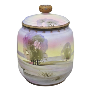 Antique Nippon Hand Painted Porcelain Countryside Lake Scene Covered Biscuit Jar