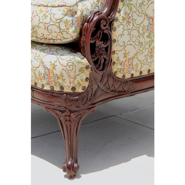 Antique French Louis XV Style Bergère Armchair – Hand-Carved Mahogany, Tufted Floral Upholstery, C. Late 19th Century For Sale - Image 13 of 18