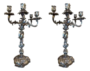 Pair of 19th Century French Silver-Plated Bronze Candelabras