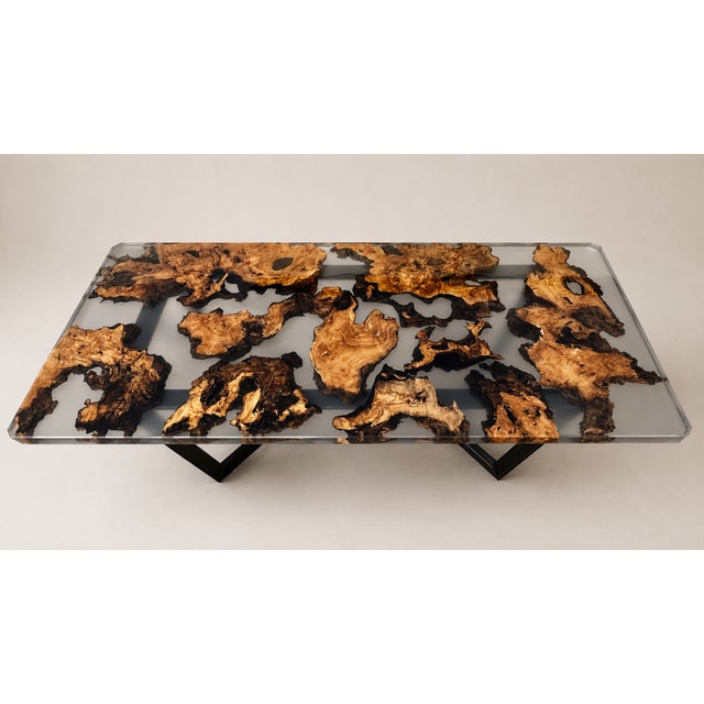 Rectangular table in olive root and transparent resin, designed by Andrea Toffanin for Hood – Back & Forth Design. A...