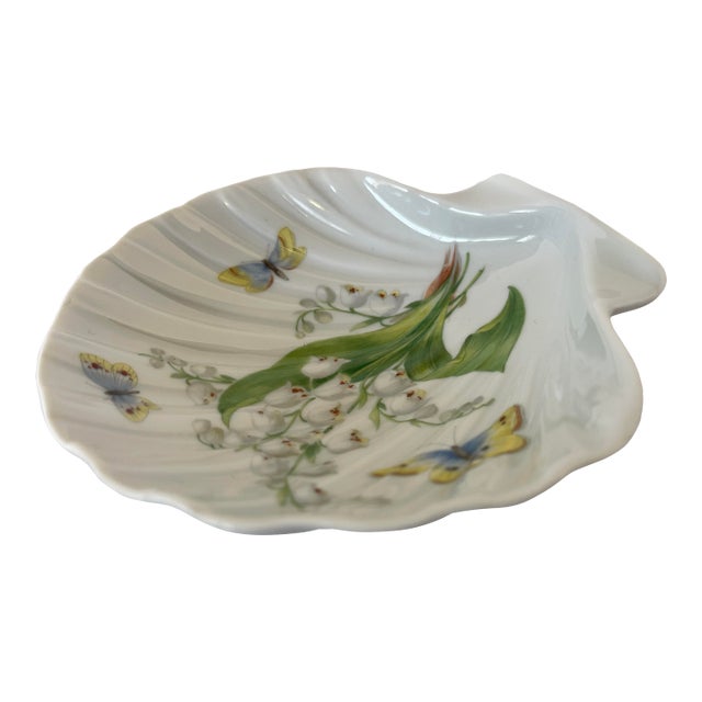 Mid 20th Century Limoges French Porcelain Sea Shell Dish W/ Hand Painted Lily-of-the-Valley Motif For Sale