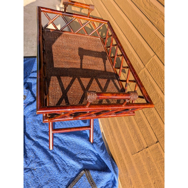 Wood Vintage Butler Tray Serving Table Featuring a Dark Stained Finish and Distinctive Woven Rattan Panels. For Sale - Image 7 of 14
