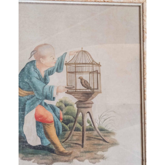 Antique White 19th Century French Chinoiserie Chinese Export Style Watercolor Painting For Sale - Image 8 of 18