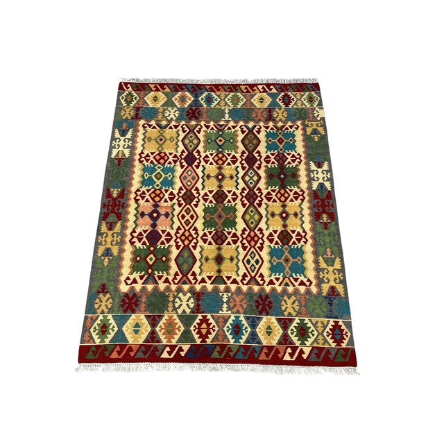 Art Deco 5'1" X 6'5" Multicolor Afghan Chobi Geometric Wool Flatweave Kilim Rug For Sale - Image 3 of 16