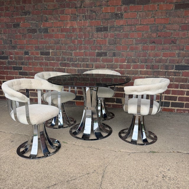 Russell Woodard Vintage Russell Woodard Style Chrome Swivel Dining Set With Smoked Glass Top For Sale - Image 4 of 12