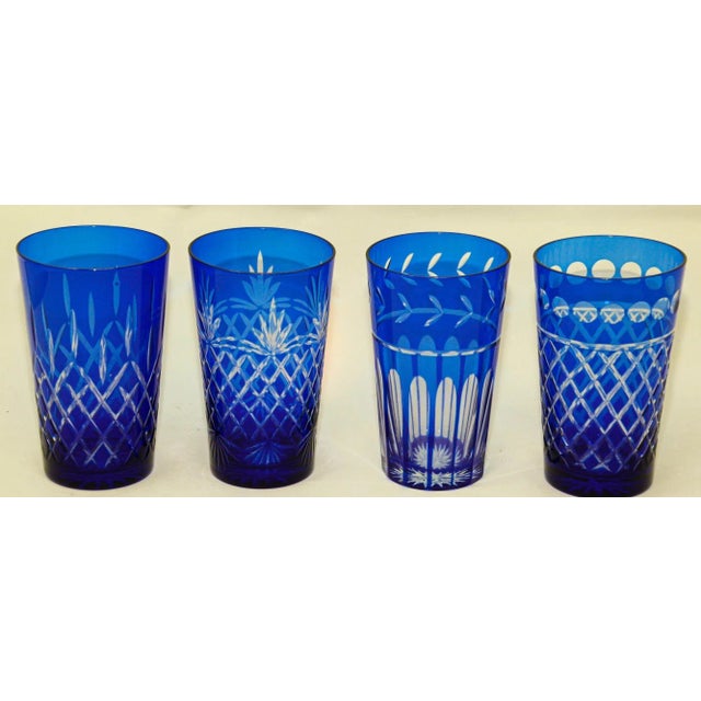 Cobalt Blue Cut to Clear Crystal Drinking Rock Glasses Tumblers Set of 11 For Sale In Palm Springs - Image 6 of 13