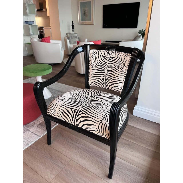 Black Glossy and Cotton Velvet Zebra Armchairs- A Pair For Sale In Philadelphia - Image 6 of 11