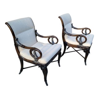 Early 21st Century Regency Style Faux Bamboo Armchairs With Pewter Colored Metal Accents - A Pair For Sale