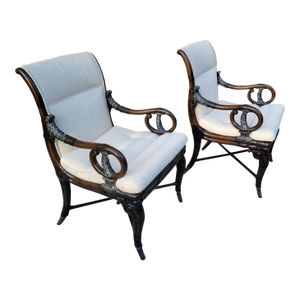 Early 21st Century Regency Style Faux Bamboo Armchairs With Pewter Colored Metal Accents - A Pair