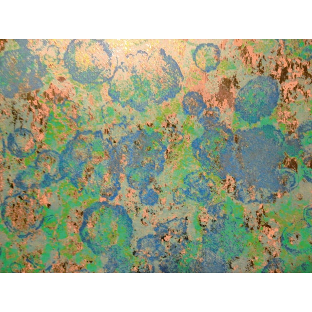 1970s Metallic/Foil Wallpaper with a Blue and Green Motif. Approx. 5 meters x ~60cm width. Woven backing. Photos were...