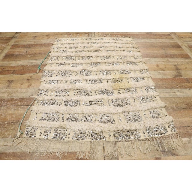 Beige Vintage Moroccan Wedding Blanket Rug With Original Cape Ties - 03'09 X 05'05 For Sale - Image 8 of 11