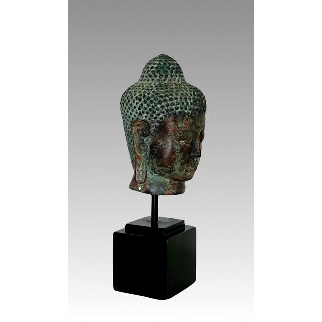 Mid 20th Century South East Asian Buddha Head Mounted on Square Black Pedestal For Sale - Image 5 of 11