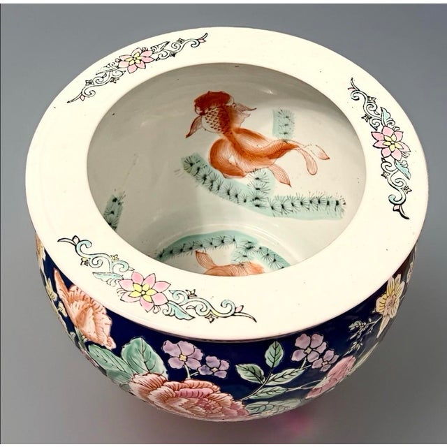 Chinoiserie Mid-Century Chinese Porcelain Blue Floral Fishbowl Planter For Sale - Image 3 of 7