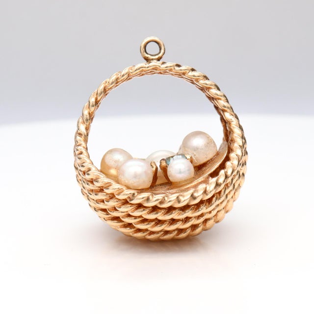 Vintage 14k Yellow Gold, Pearl, and Tourmaline Figural Easter Basket Charm For Sale - Image 10 of 17