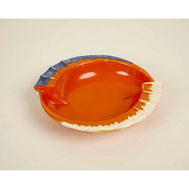 Ceramic pipe-ashtray, glazed in coral, blue and off white. Manufactured in 1930s in Czechoslovakia. In a very good condition.