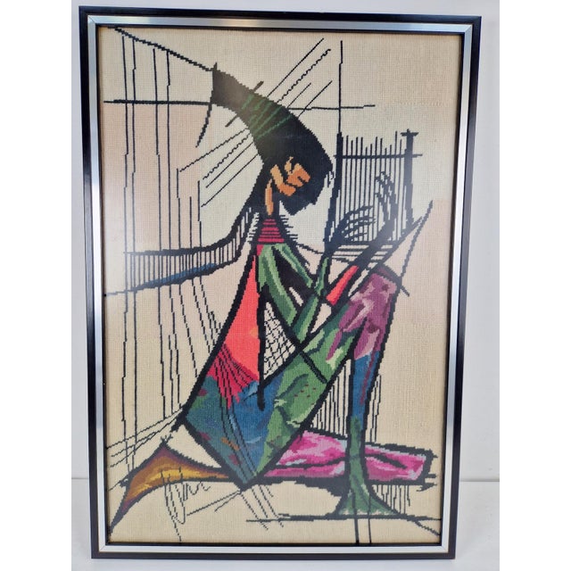 Textile Vintage Framed Embroidered Harp Player Wall Art Tapestry, 1970s For Sale - Image 7 of 7